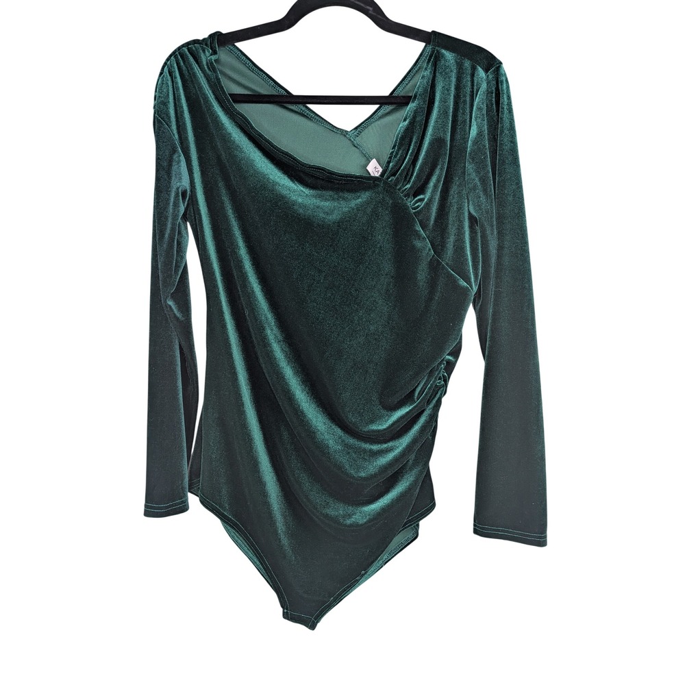 Kate Kasin Womens Green Velvet Long Sleeve Asymmetric Bodysuit Top Large L NWT